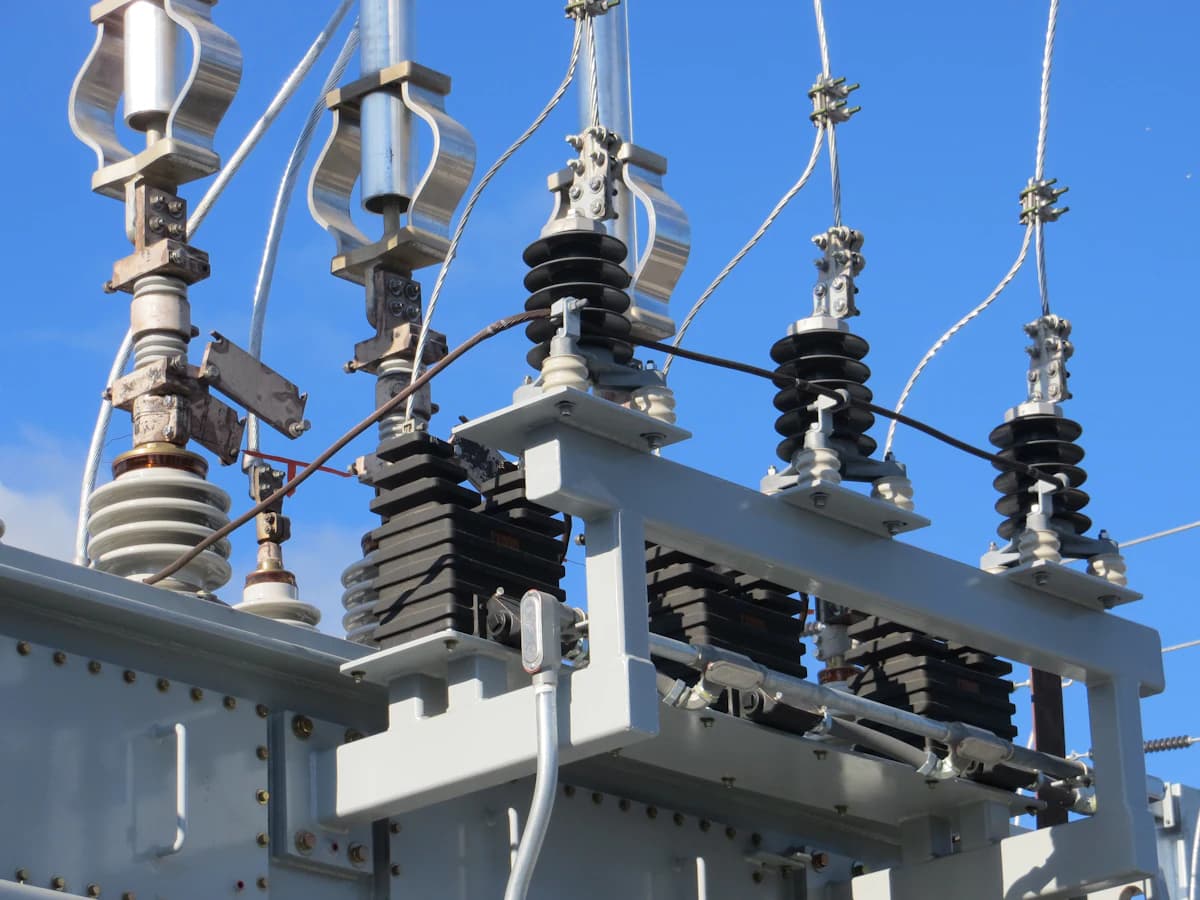 High-voltage insulators on an electrical substation transformer